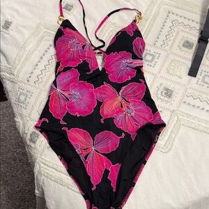 Trina Turk Black and Pink Floral Swimwear